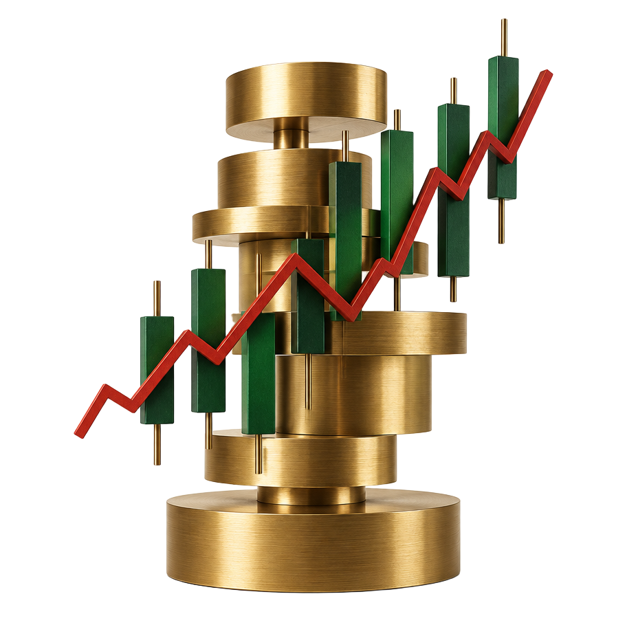 Skulptur aus Münzen, Kerzenchart und Marktlinie